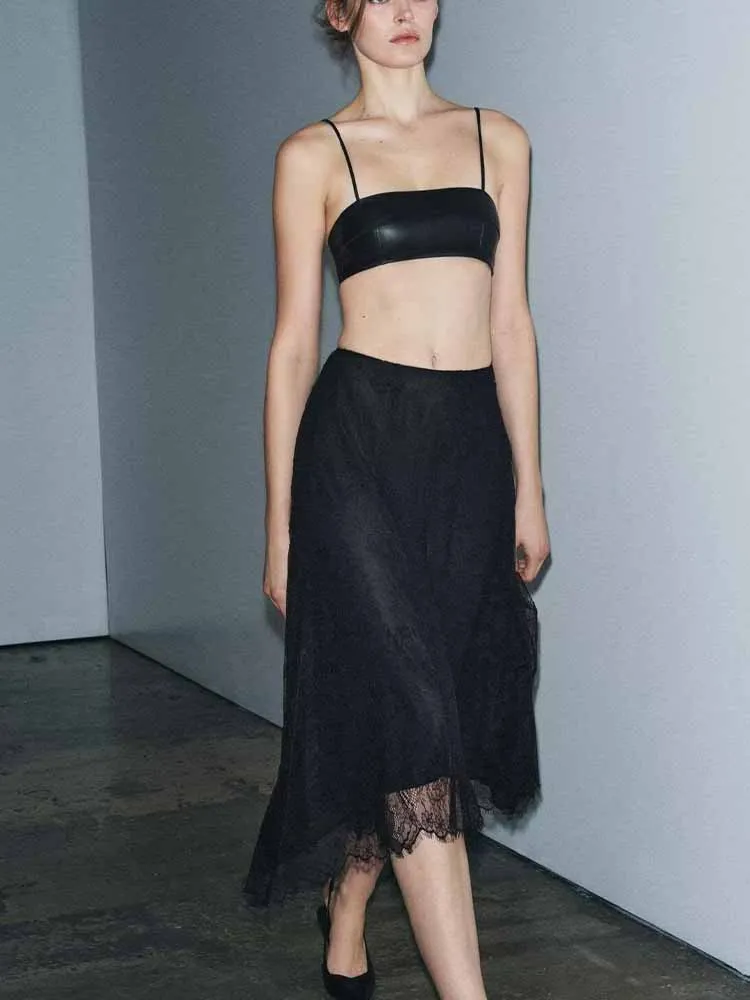 

European and American style winter new arrivals fashionable and trendy elegant simple women's mid-waist lace midi skirt