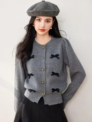 Grey Round Neck Sweater Jacket For Women'S Autumn And Winter 2024 New Design Sense French Chic Bow Knit Cardigan Top