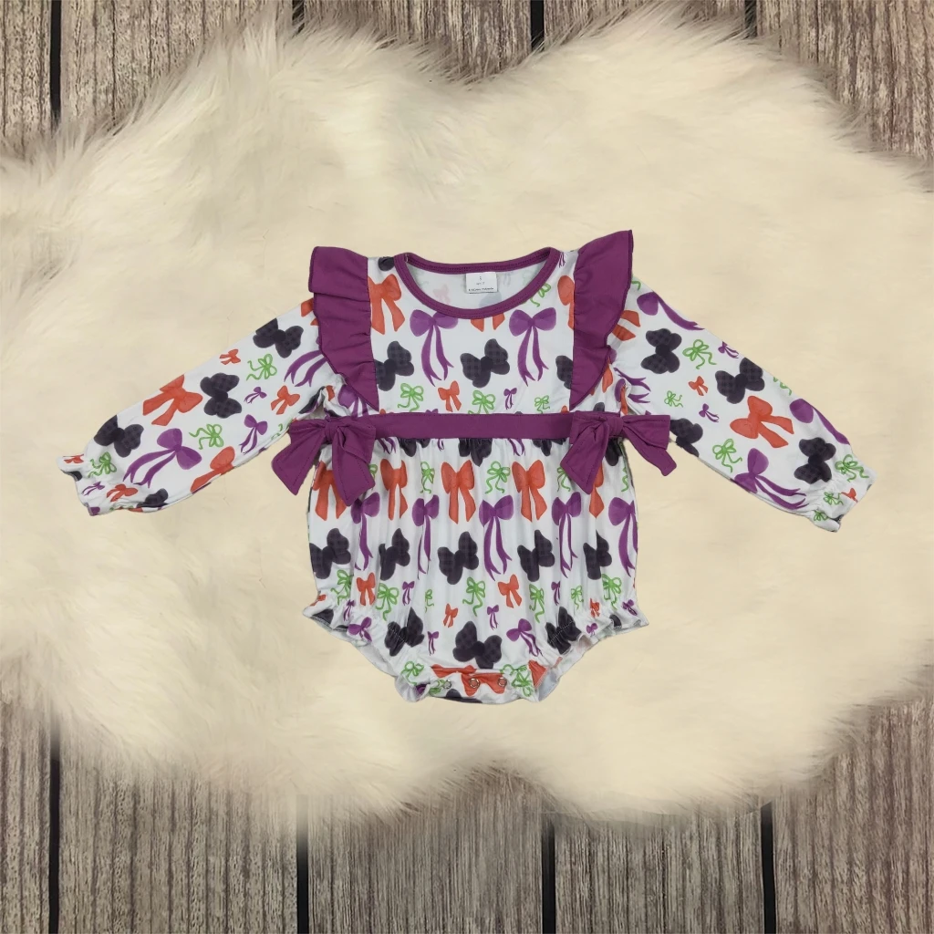 

Children Newborn Halloween Bows Romper Baby Girl Infant Long Sleeves Fall Bubble Kids Toddler Purple Ruffle Jumpsuit Wholesale
