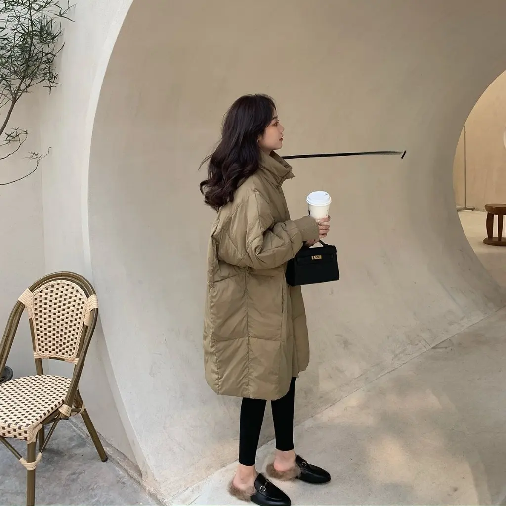 المرأة الشتاء أسفل معطف مبطّن بالقطن حجم كبير ميدي فضفاض الكورية نمط سميكة الرجعية بسيطة العصرية الإفراط في الركبة معطف #2