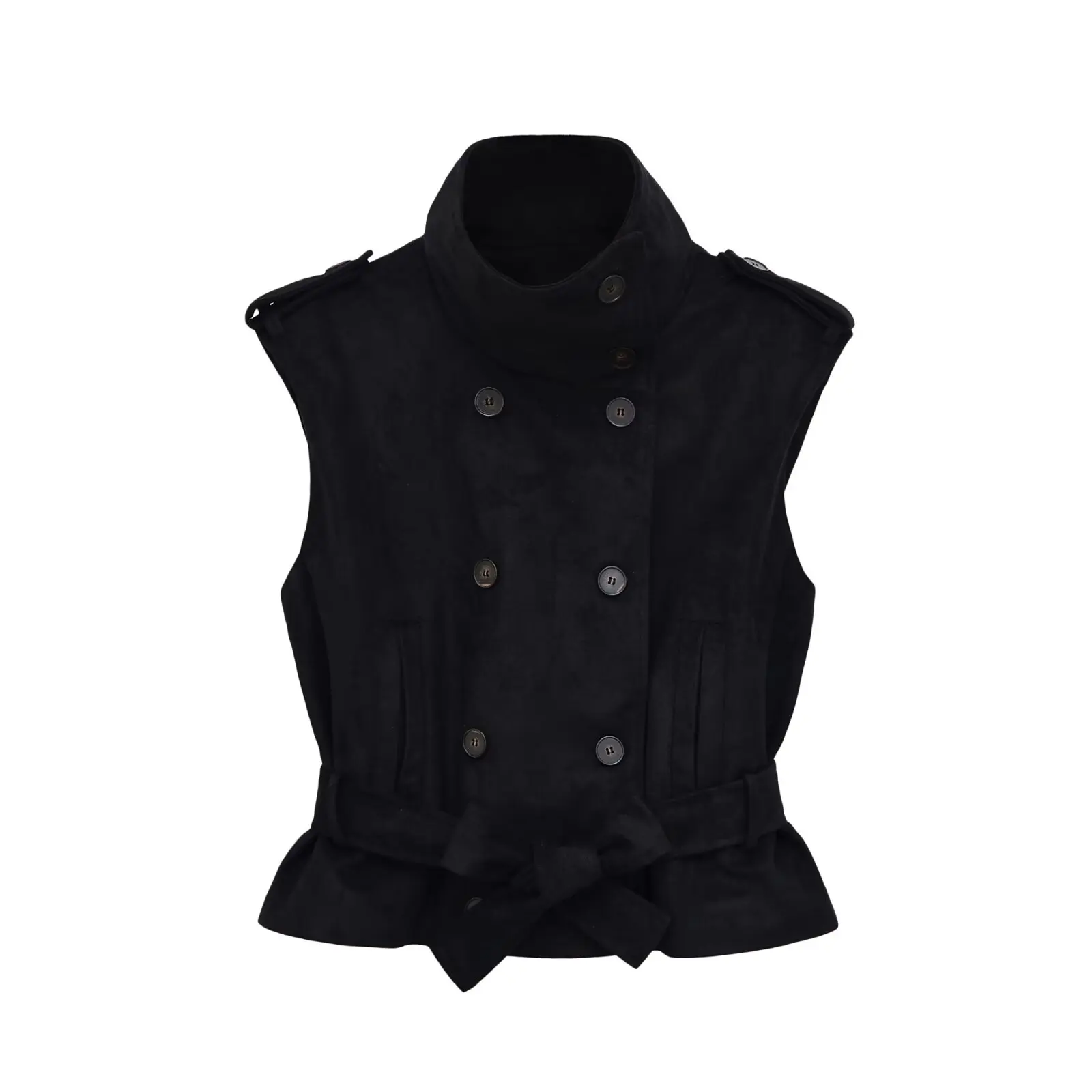 Womens Vintage Suede Sleeveless Trench Vest High Neck Double Breasted Belted Short Waistcoat Casual Chic Y2K Streetwear Outfits