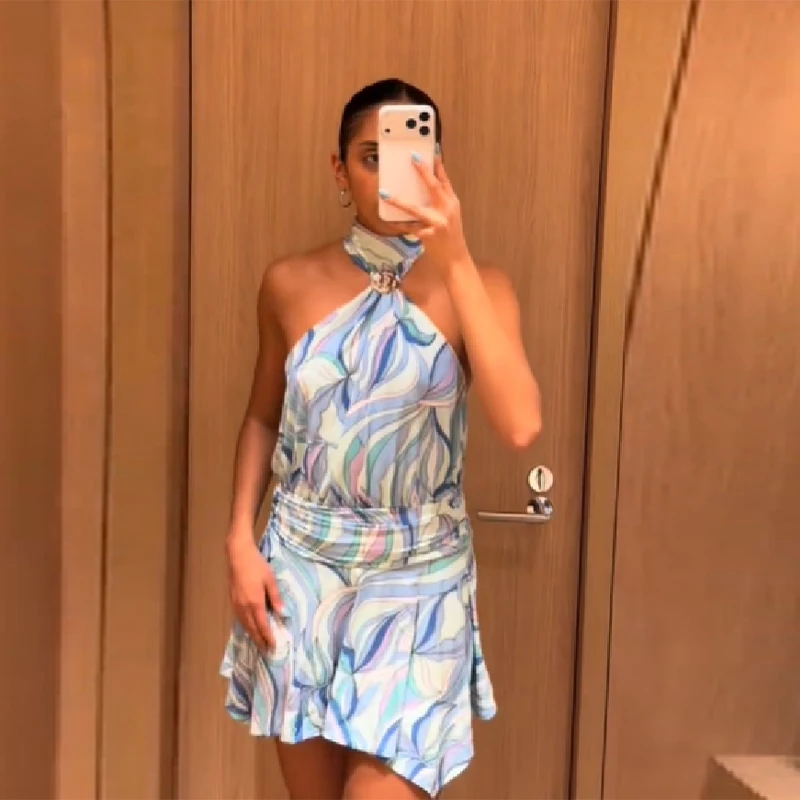 

Women Chic Printed Mini Halter Dress Sleeveless Backless High Waist Robes Slim Fit Vestidos 2026 New Lady Spring Summer Dresses
