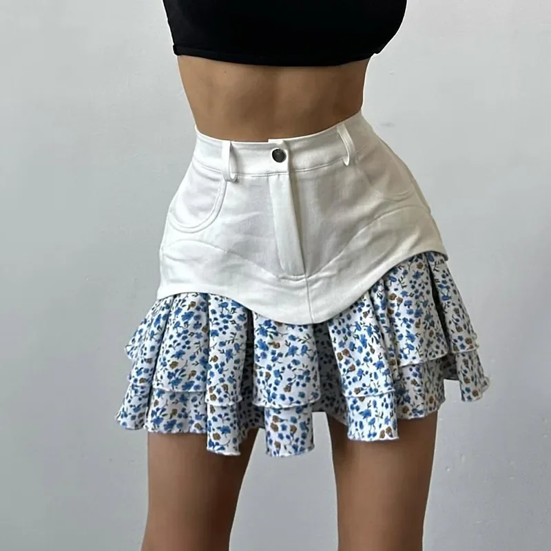 

2026 Summer New High Waist Splicing Irregular Ruffle A-line Floral Half Length Skirt for Women