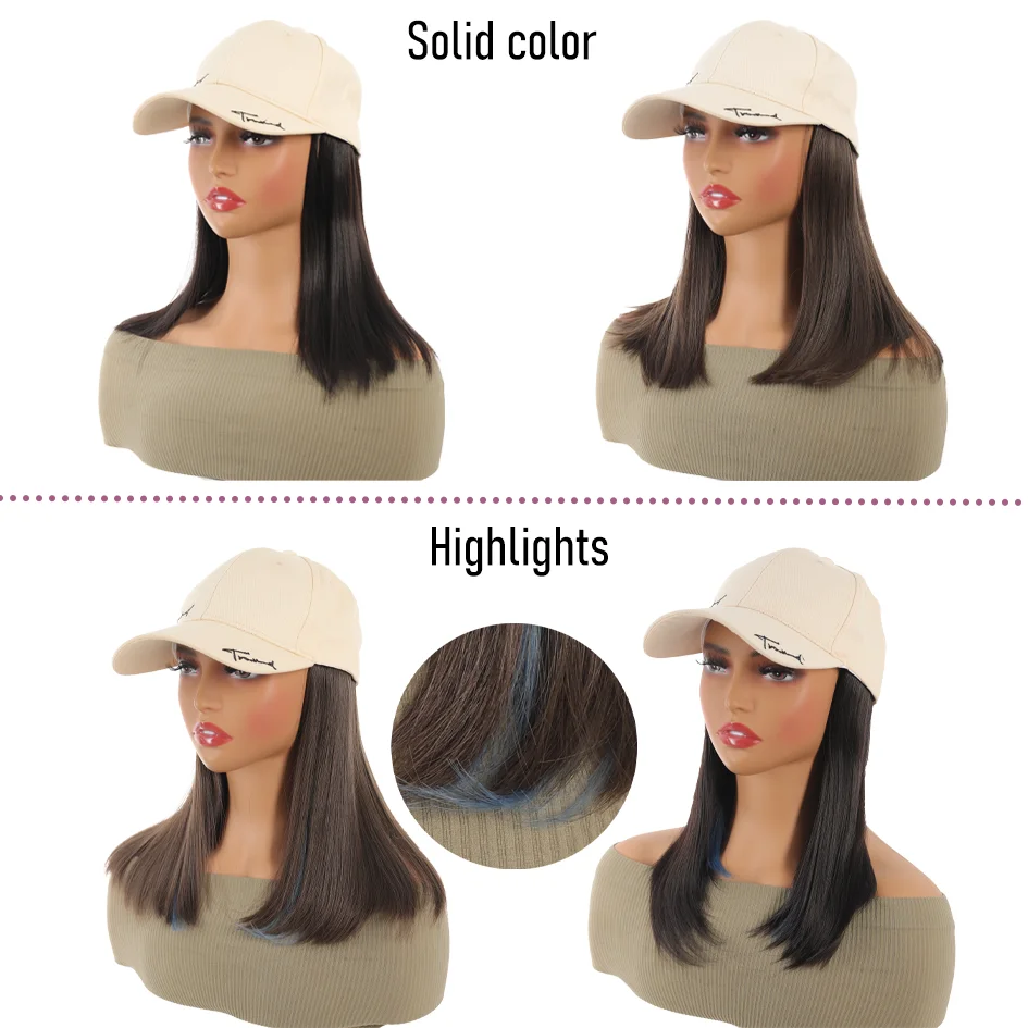 Allaosify topi bisbol bordir wanita, topi ekstensi rambut lurus sulaman huruf krem muda 12 inci rambut sintetis