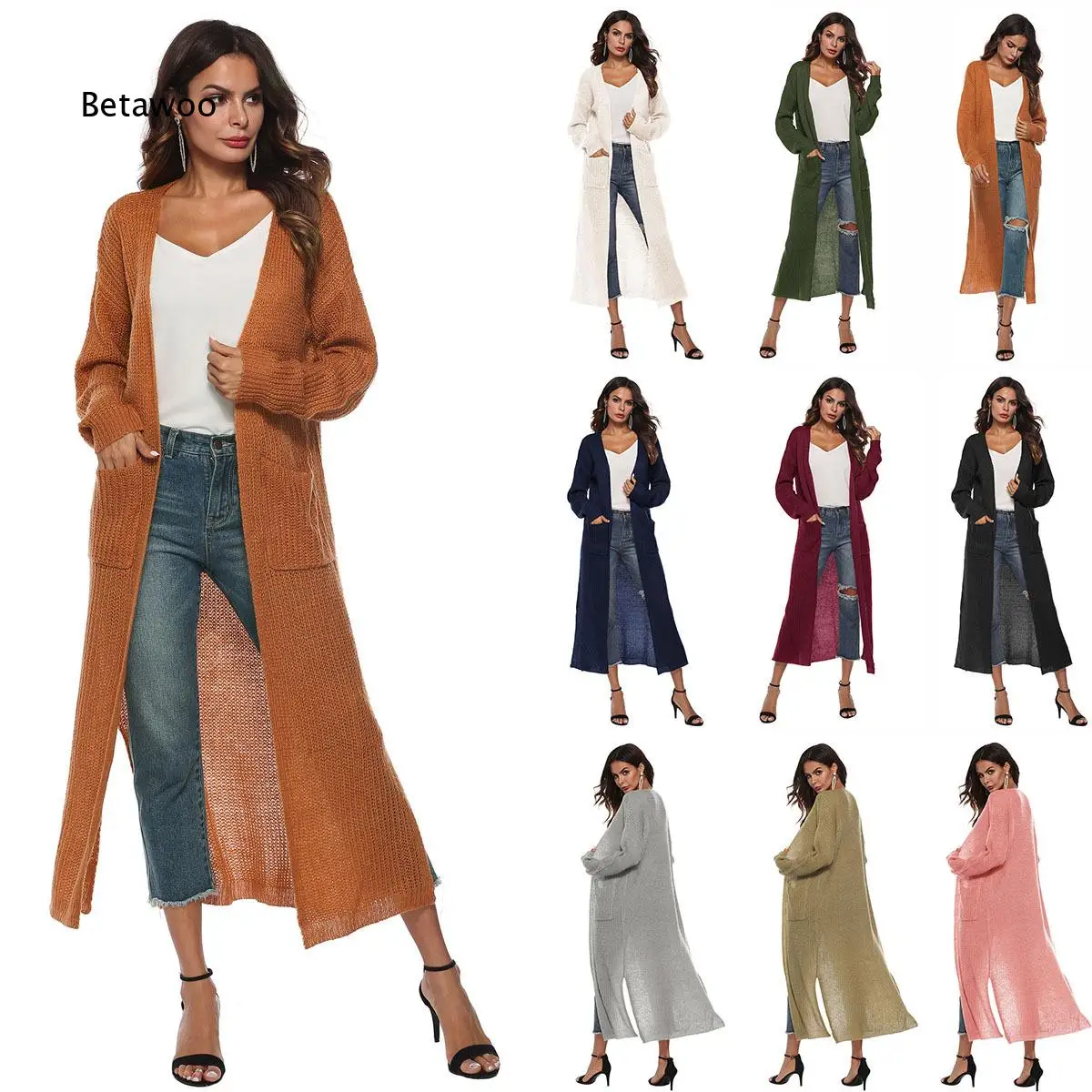 Women Mohair Knit Cardigan Wool Blend Long Sleeve Open Front Coat with Split Pockets Thin Outerwear for Autumn Women Multi Color