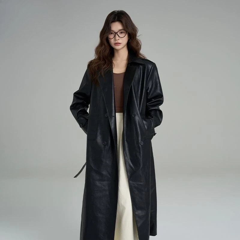 

Vintage PU Leather Trench Coat Women Autumn Winter Belted Loose Black Jacket Outerwear