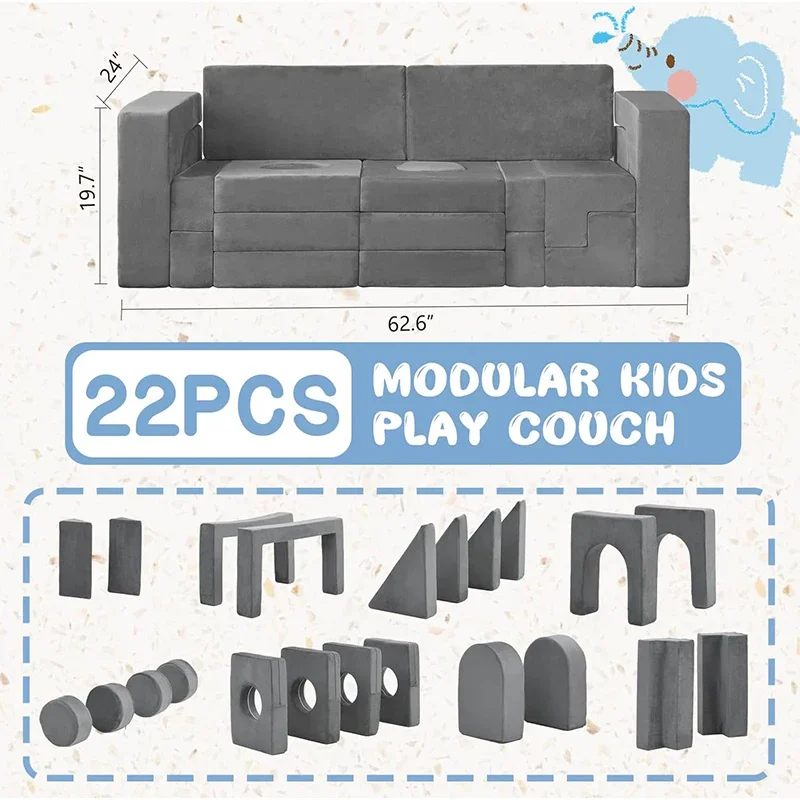 Hot Selling OEM/ODM Customized 22 PCS  Modular Kids Play Couch for Living Room