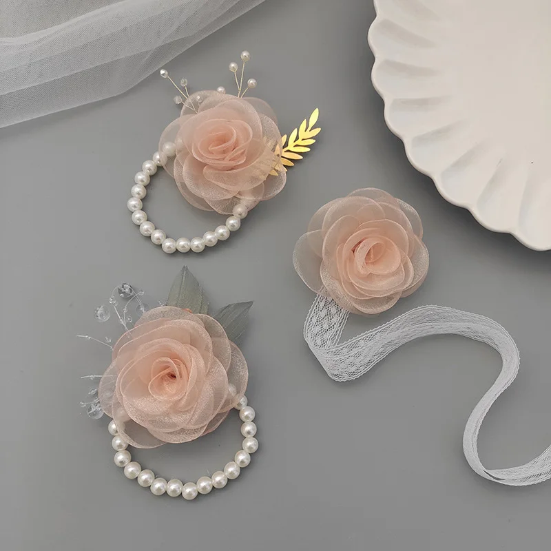 New Bridal Bridesmaid Corsage Wrist Flower Imitation Pearl Silk Yarn Hand Flower Wedding Wristband Bracelet Girls Party Jewelry