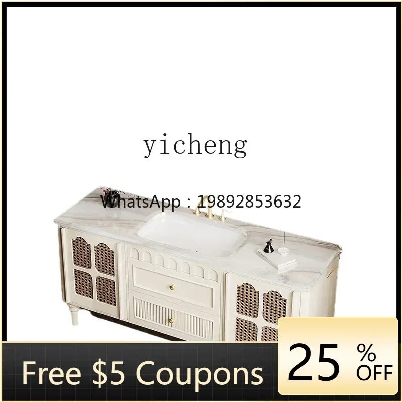 

retro bathroom cabinet combination cream style bathroom luxury stone washstand floor-to-ceiling hand washbasin cabinet