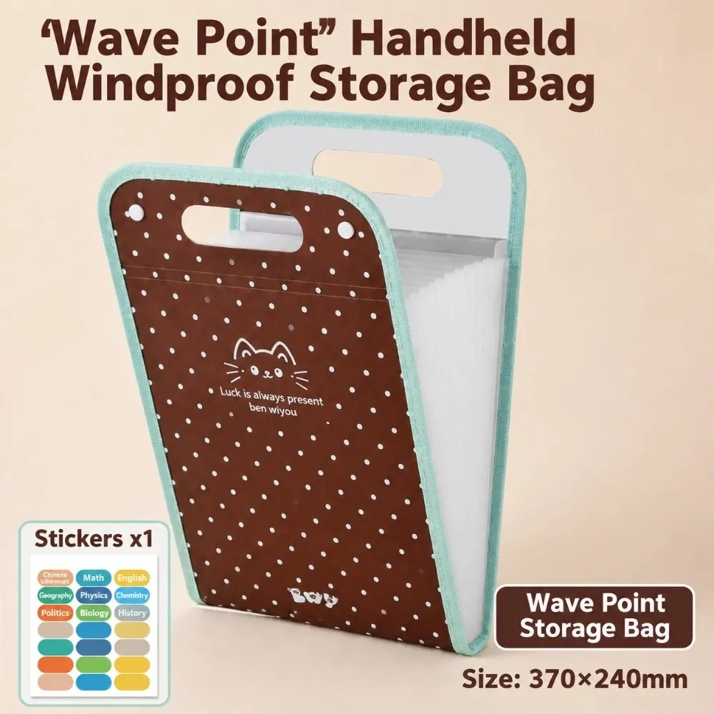 A4 Expanding File Folder 13 Pockets Polka Dot Cat Print Document Bag Multilayer Handheld Exam Paper Storage Bag School Office
