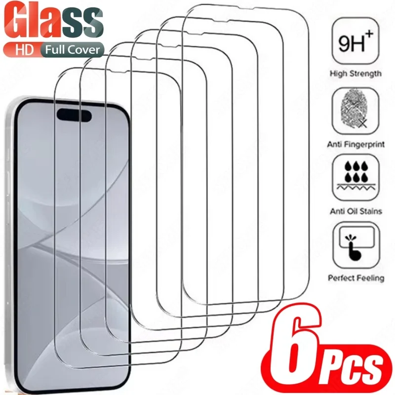 6Pcs HD Tempered Glass Screen Protector For iPhone 11 12 13 14 15 16 17 Pro Max 14 15 16 Plus 16e Air Glass Anti-Scratch Film