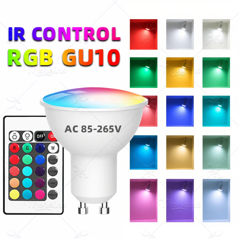 RGB GU10 LED Spotlight Bulb 24 Key Remote Control Dimmable 6W Lights AC220V 110V Colorful Change for Bedroom Living Room Lamp