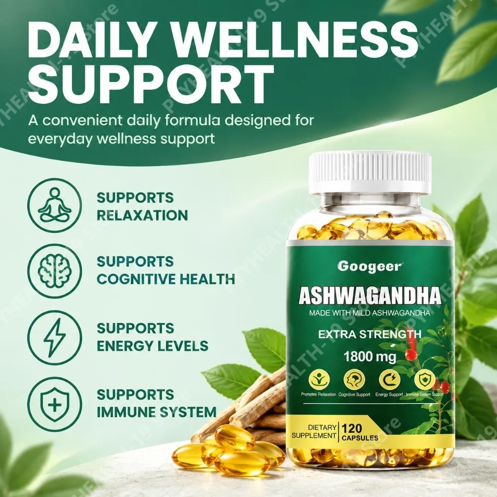 Ashwagandha Capsules 1800mg – Extra Strength with Mild Ashwagandha for Relaxation, Cognitive & Immune Support – 120 Ct - Googeer