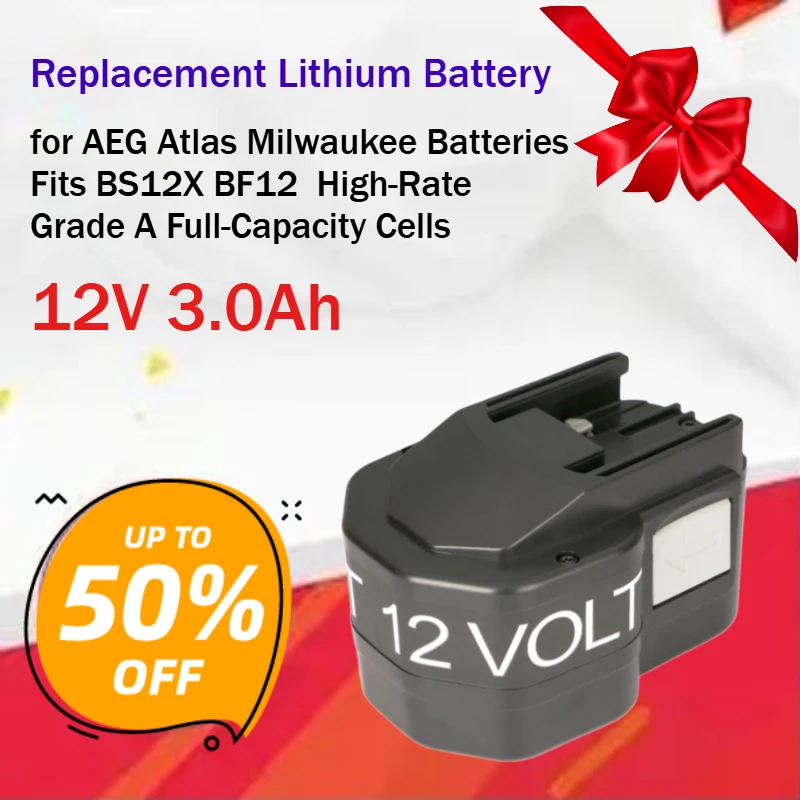 12V 3.0Ah Replacement Lithium Battery for AEG Atlas Milwaukee Batteries Fits BS12X BF12  High-Rate Grade A Full-Capacity Cells