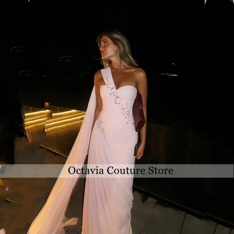 

Pink Chiffon Shiny Beads Formal Occasion Dresses One Shoulder A Line Prom Gowns Modest Arabic Evening Dress Customized