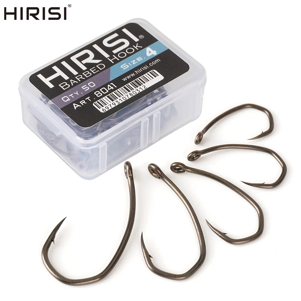 Hirisi 50 Stück PTFE-beschichtete Hochkarbon-Edelstahl-Mikro-Widerhaken-Angelhaken mit Öse und Verbindungsbox 8041 Angelzubehör