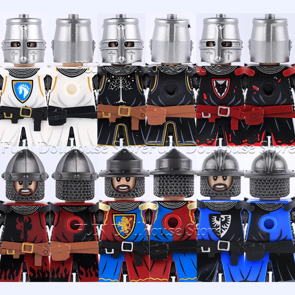 Medieval Castle Knights Military Building Blocks Soldier Figures Red Lion Black Eagle White Horse Shields Customized Bricks Toys