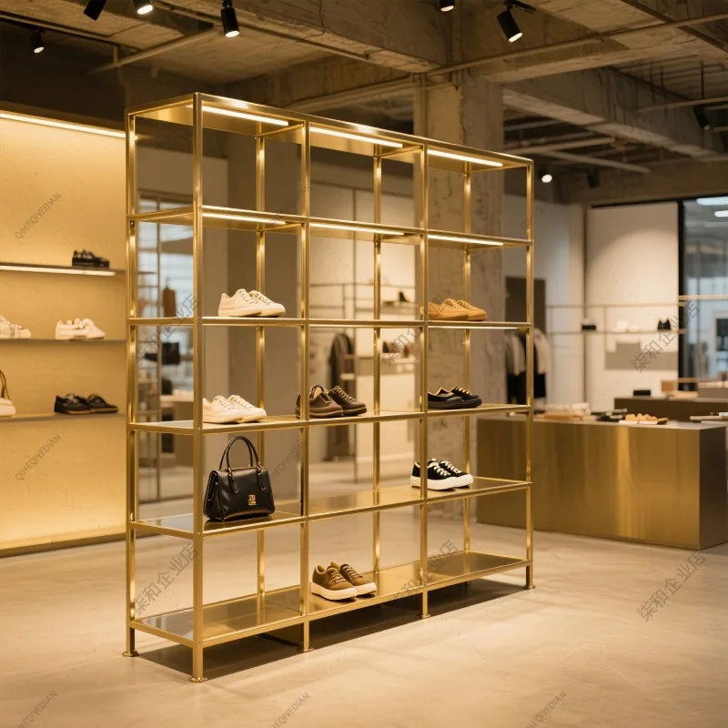 Stainless steel bag display rack shoe store multi-layer floor-to-wall shelf