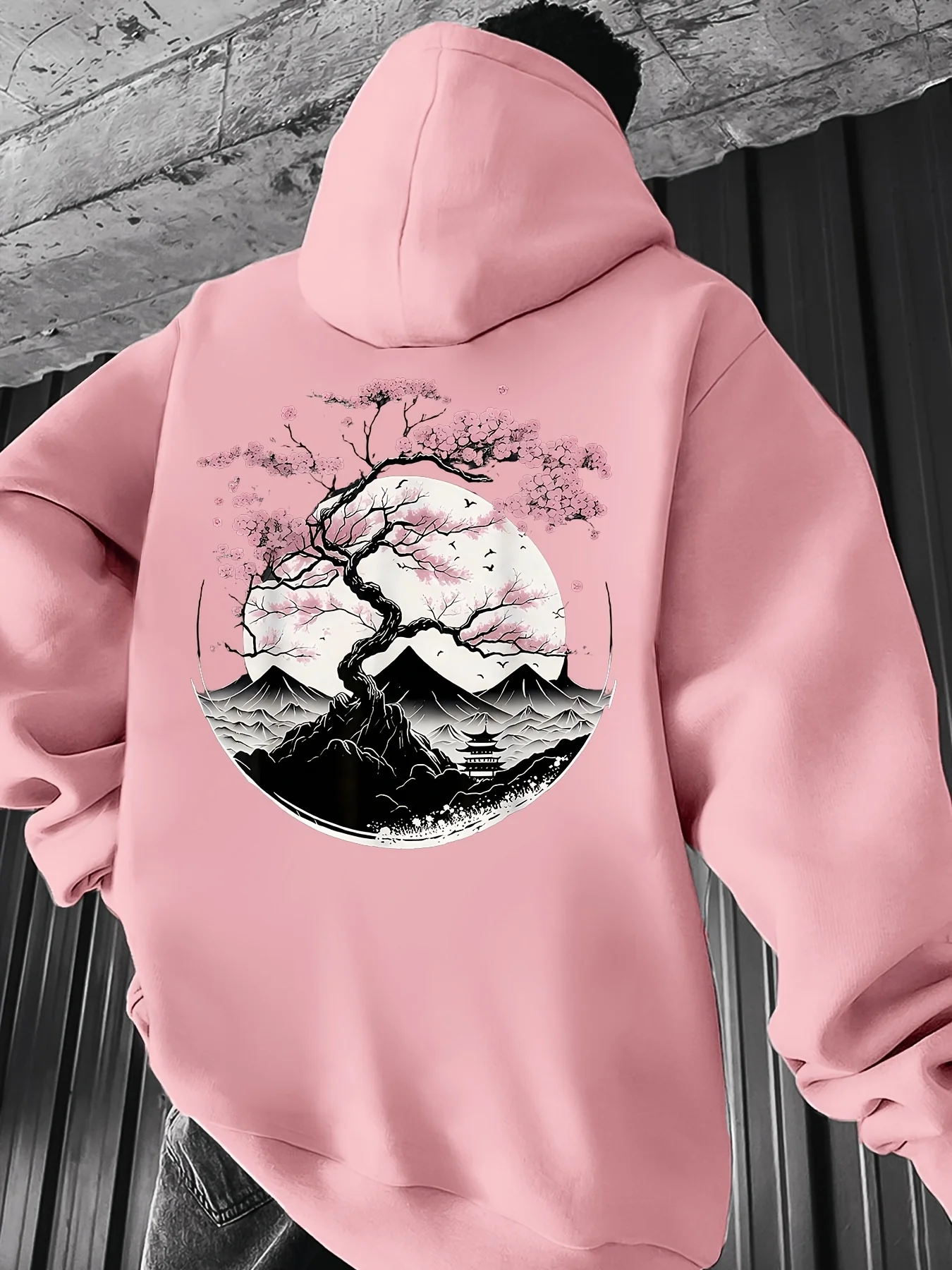 Men's Warm Hooded Sweatshirt Autumn Winter Japanese Sakura Mountain Moon Print Y2K Vintage Streetwear Casual Hoodie