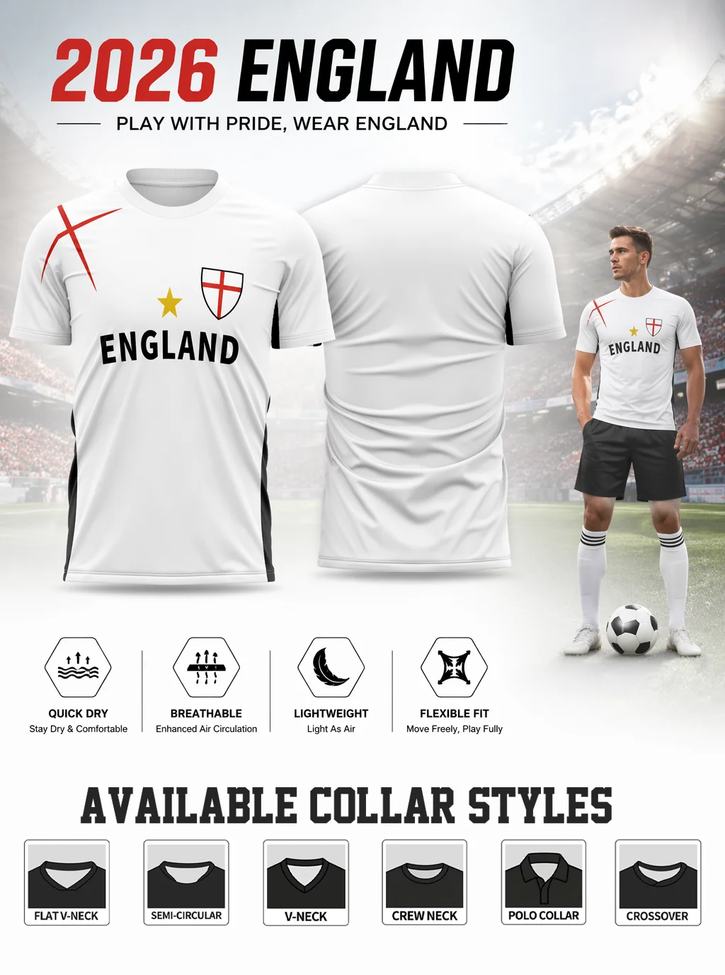 England themed football jersey, bold ENGLAND letter, shoulder red cross, sweat‑wicking fabric, flexible comfy fit