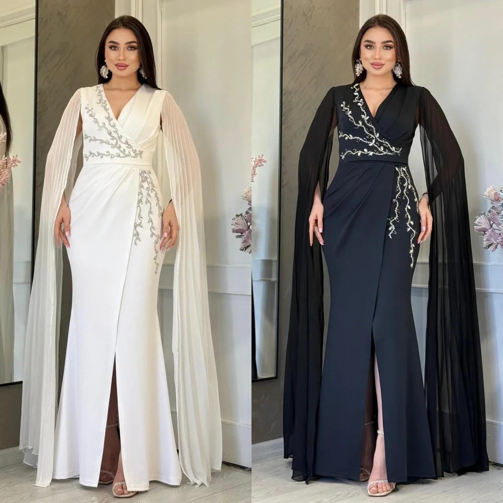 

Customized High Quality Fashion Jersey Rhinestone Sequined Mermaid V-neck Long Dresses Bespoke Occasion Dresses Elegant Formal