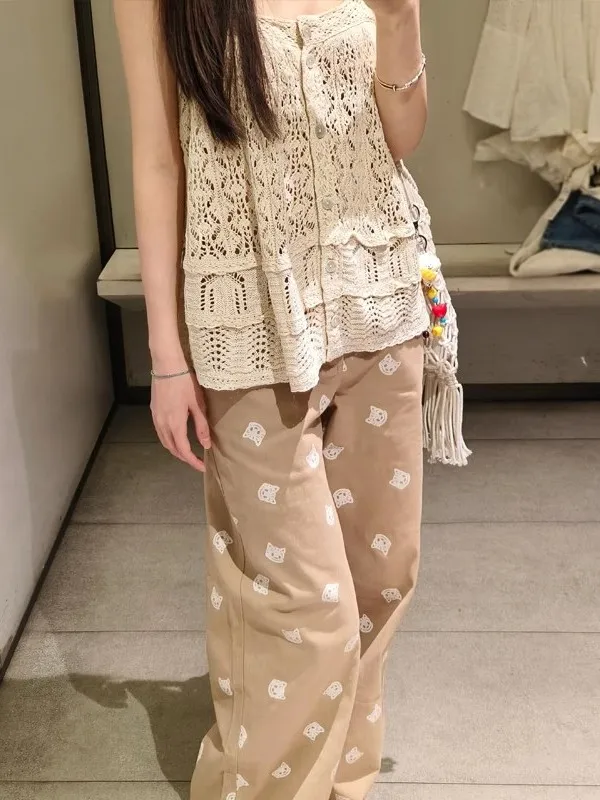 เสื้อสายเดี่ยวถักลายฉลุ แต่งขอบลูกไม้ ผ้าฝ้าย ทรงตรง ดีไซน์โปร่งสบาย สไตล์ลำลอง สำหรับผู้หญิง คอลเลคชั่นใหม่ ซัมเมอร์ 2025