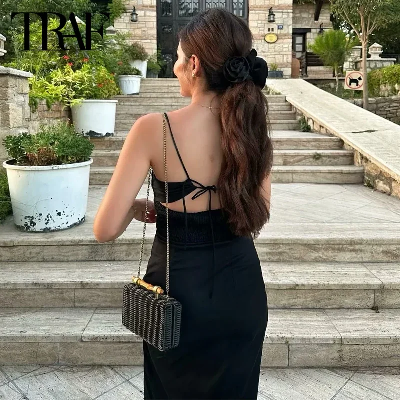 TRAF Slip Black Dresses Women Pleated Sleeveless Women's Long Dress Backless Sexy Party Dresses Slit Beach Holiday Dresses 2024