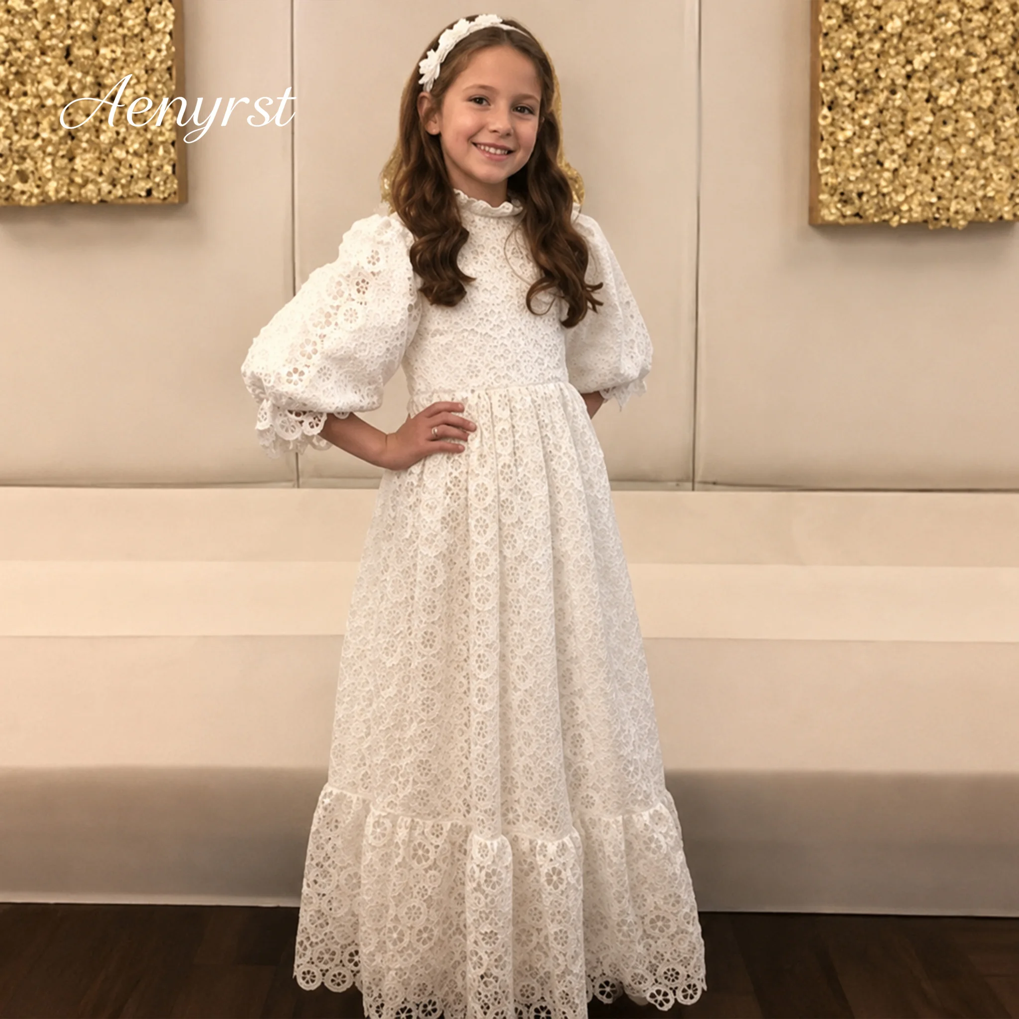 Girls White Lace Puff Sleeve Long Flower Girl Dress Modest Kids First Communion Wedding Party Formal Gown Custom