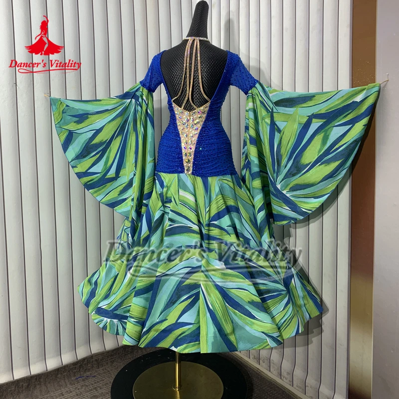 성인 인쇄 쉬폰 호른 슬리브 표준 사회 댄스 대회 여성 왈츠 폭스트롯 의류 맞춤형 빅 스윙 드레스