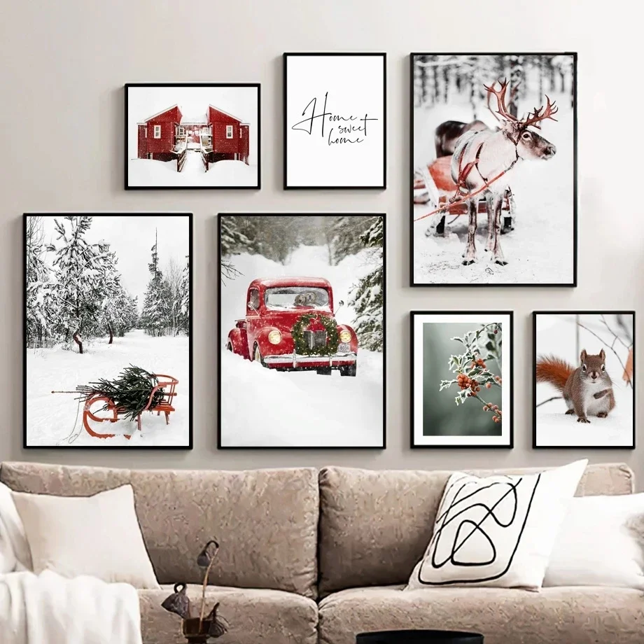 Winter Scenery Picture Canvas Painting Wall Art Modern Snow Elk Red House Poster And Print For Christmas Home Living Room Decor