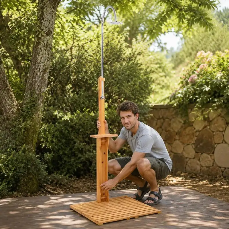 Immagine 3: Doccia da esterno in legno di teak naturale, con poggiapiedi, per patio, piscina e giardino, colore naturale. Da montare su terrazze, bordi piscina e giardini privati per lavarsi e rimuovere lo sporco dopo il nuoto.