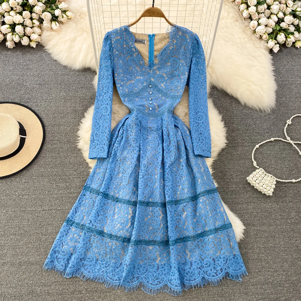 Summer Autumn Flower Embroidery Blue Lace Prom Dress Women Long Sleeve Midi Vestidos Party