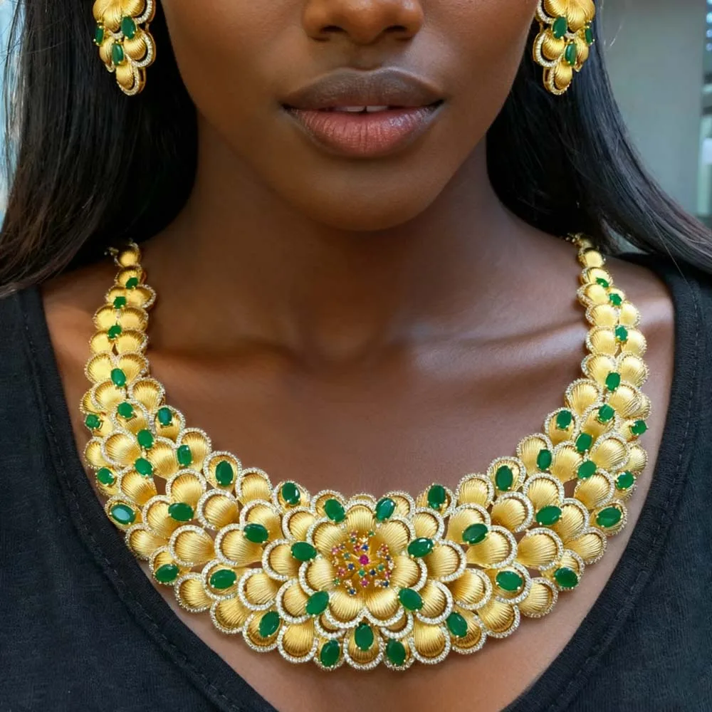 Missvikki Africa Dubai Women Wedding Bridal Jewelry Set Luxury Big Charm Flower Necklace Bracelet Earrings Ring Jewelry Sets