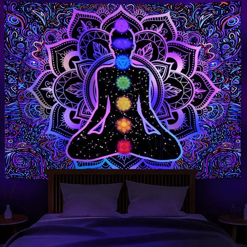 VIKAMA Fluorescent Seven Energy Wheels Meditation Lotus UV Glow Tapestry Spiritual Wall Decor Accent Soft Durable Cozy Aesthetic