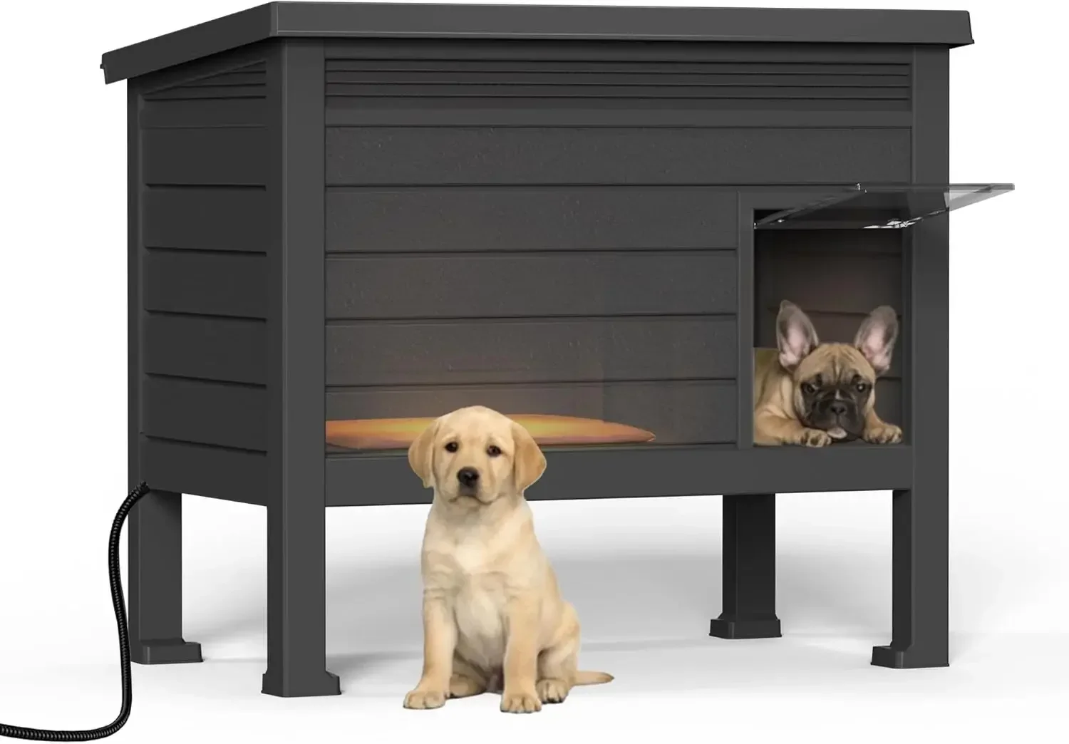 Indoor & Outdoor Resin Dog House with Raised Floor, Heated Pad and Easy Assembly - Small Breed Shelter Featuring Louvered Vents,
