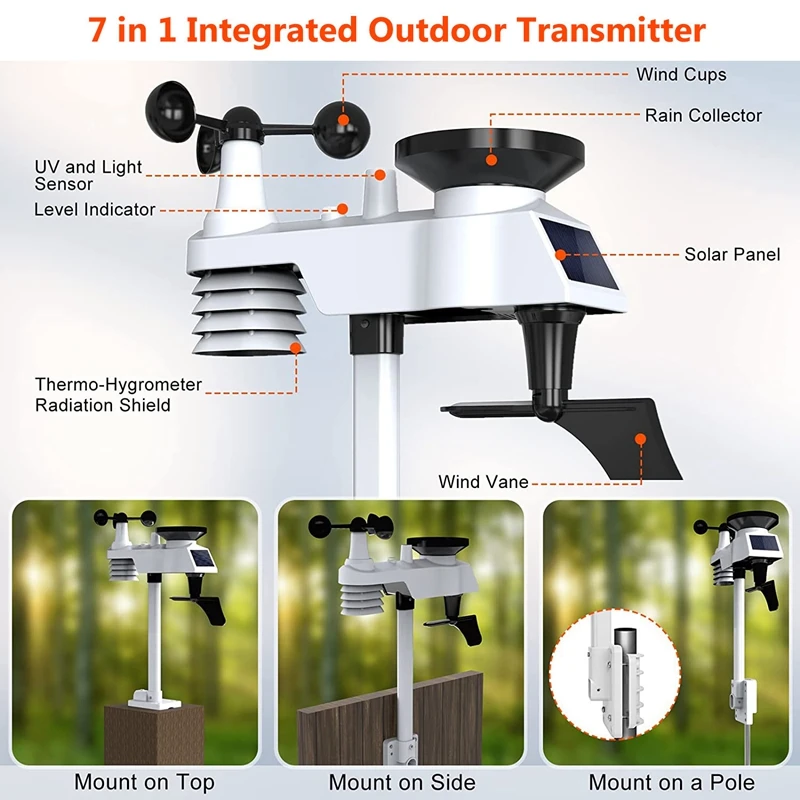 WiFi Weather Station LCD Indoor AQI PM2.5 PM10 CO2 Rainfall Monitor Base Weathercloud Forecast Detector Wind Speed Anemometer