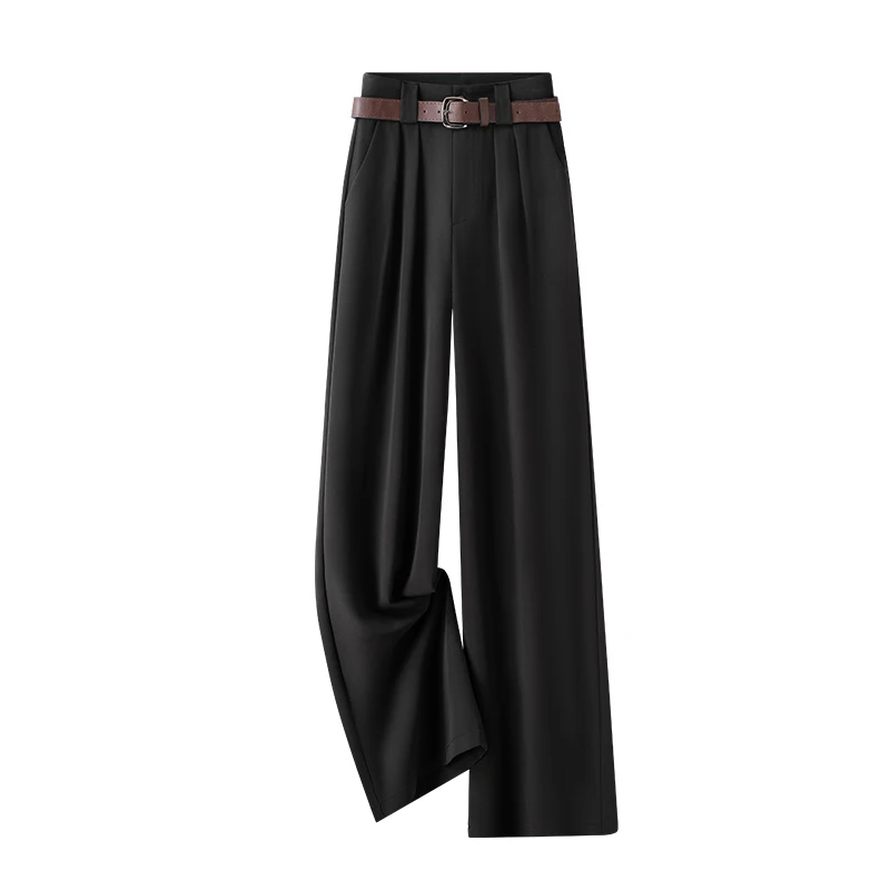 Office Lady Elegant Burgundy Suits Pants for Women High Waist Wide Leg Fashion Trousers with Pockets Black Gray