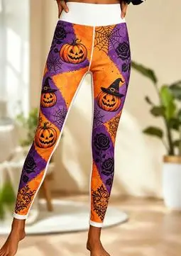 Women Mid‑Rise Fleece Lined Leggings, Halloween Pumpkin Rose Spider Web Print Slim Stretch Casual Pants