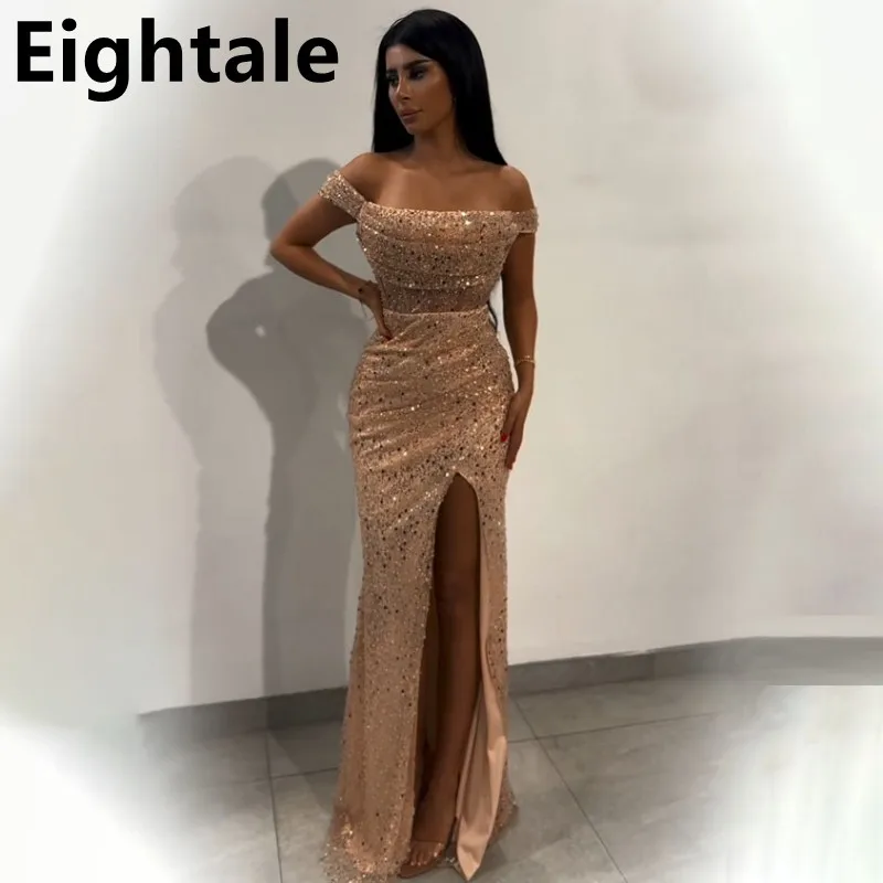 

Eightale 2024 Champagne Sequin Evening Dresses For Wedding Party Off Shoulder Mermaid Formal Prom Dress Dubai Party Gown