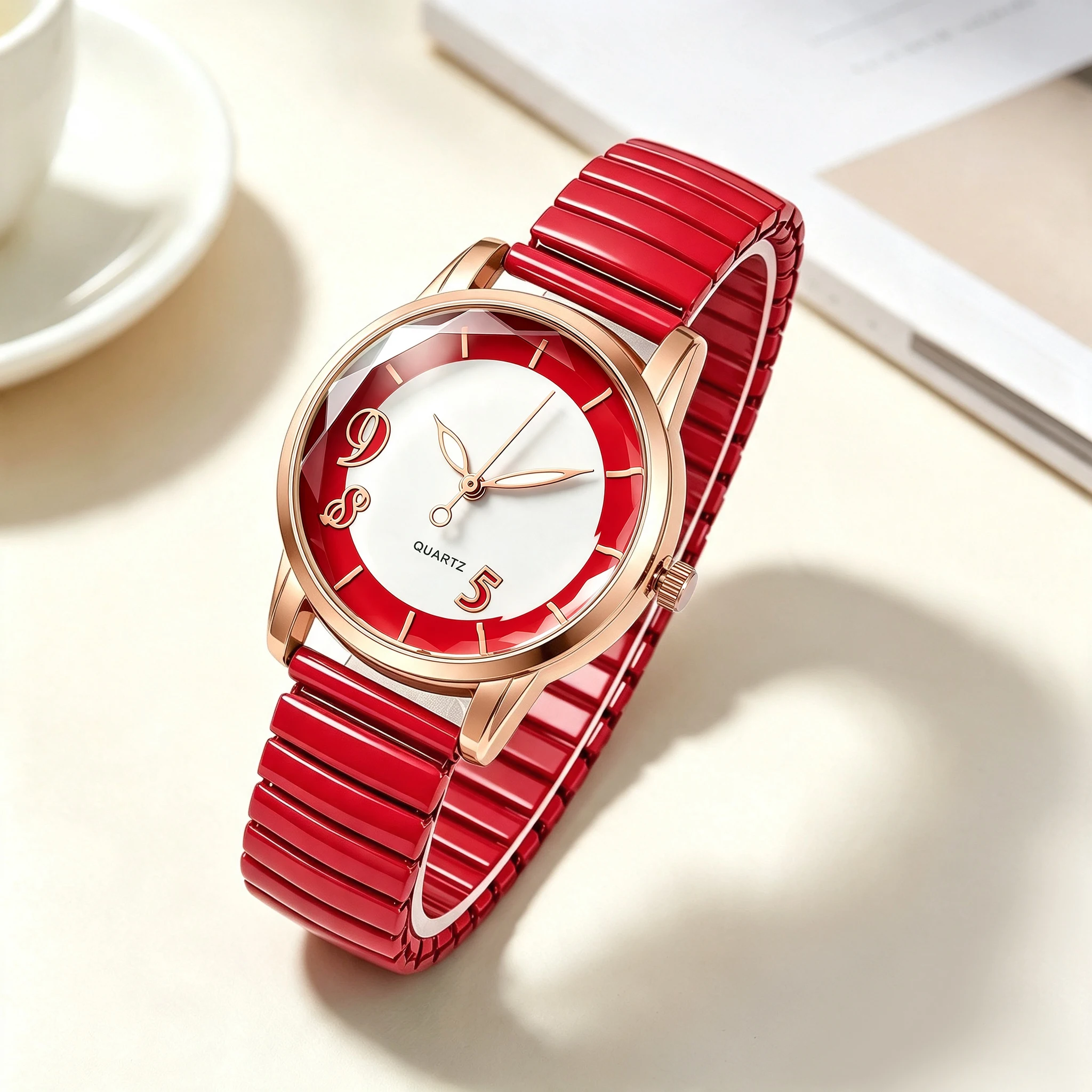 Women Elegant Round Quartz Watch Rose Gold Case Special Numerals Stretch Strap Ladies Casual Watches