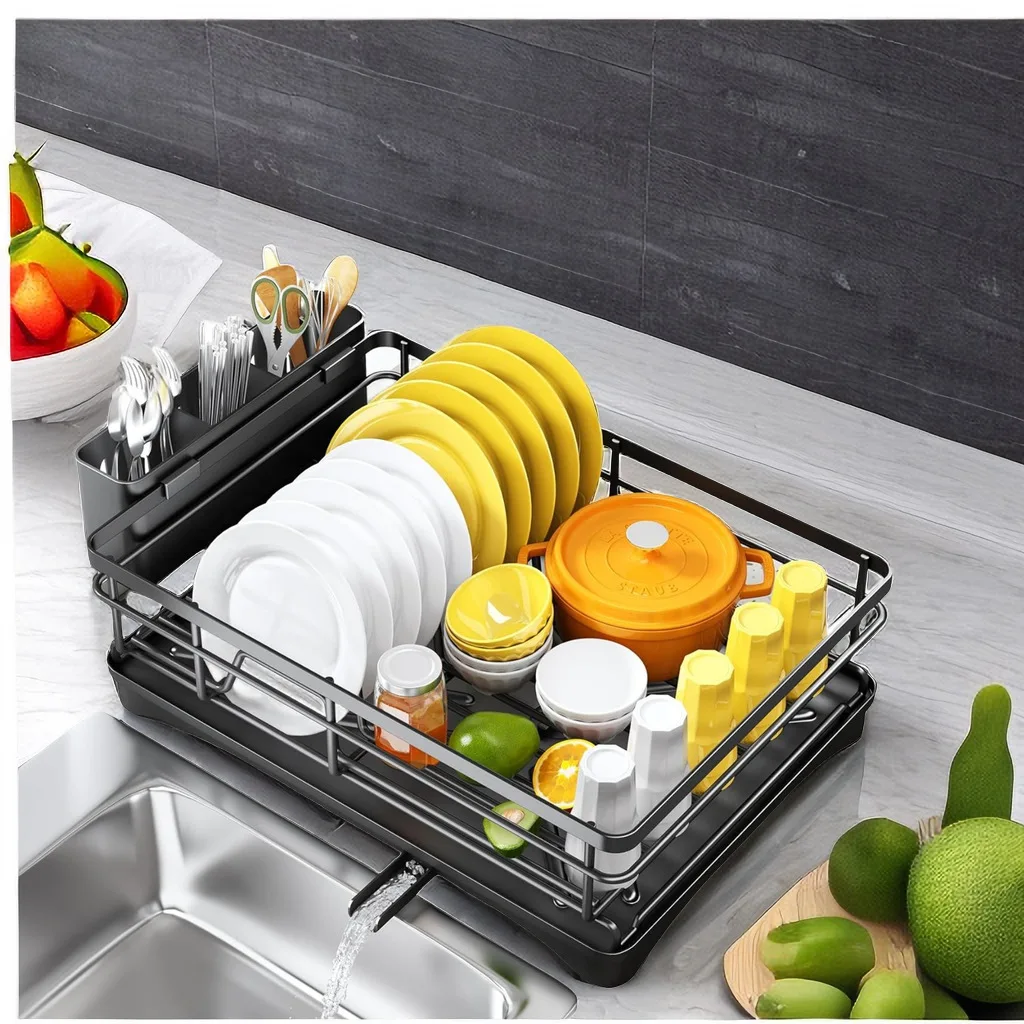 Dish Draining Rack Cutlery Rack With Drain Tray And Drip Line Cup Holder Cutlery Holder Tableware Drainboard Kitchen Acceesories