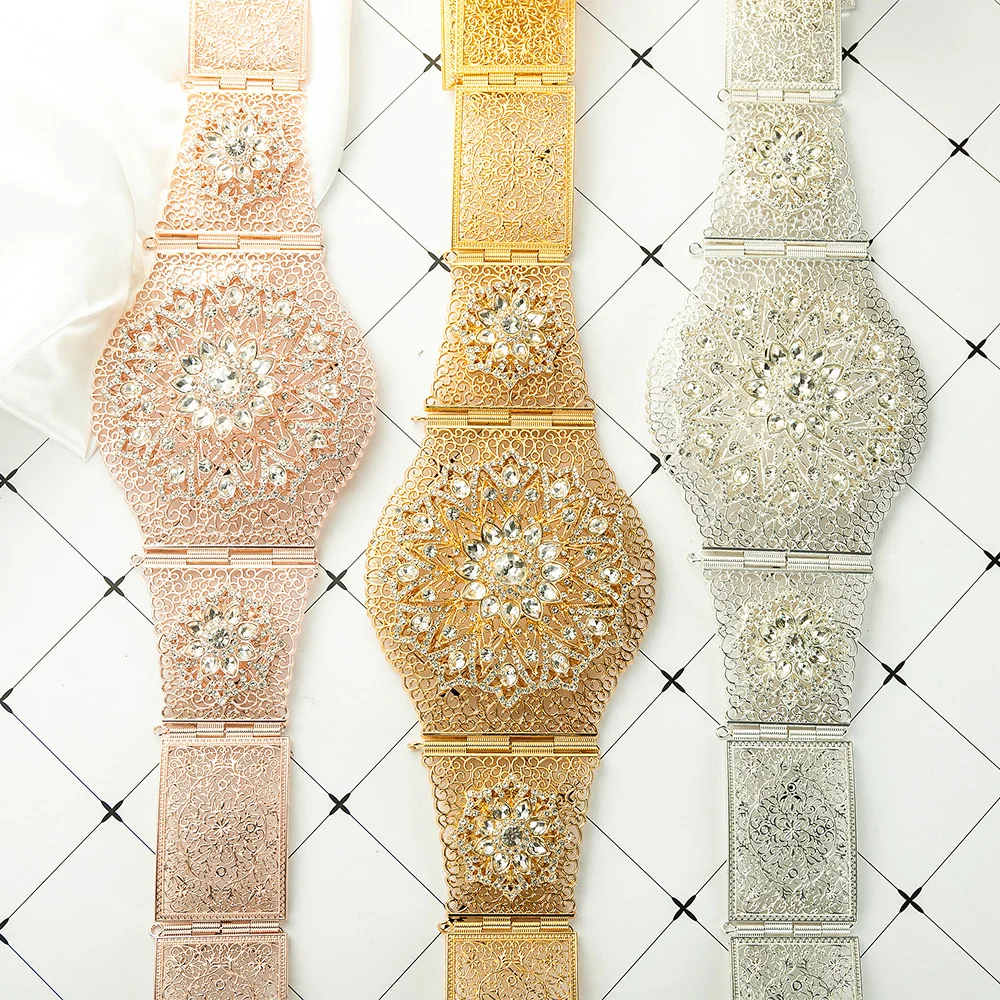 

Fashion Golden Hollow Waist Belt Crystal Floral Inlaid Design For Wedding Gifts Middle Eastern Ethnic Dress Decor