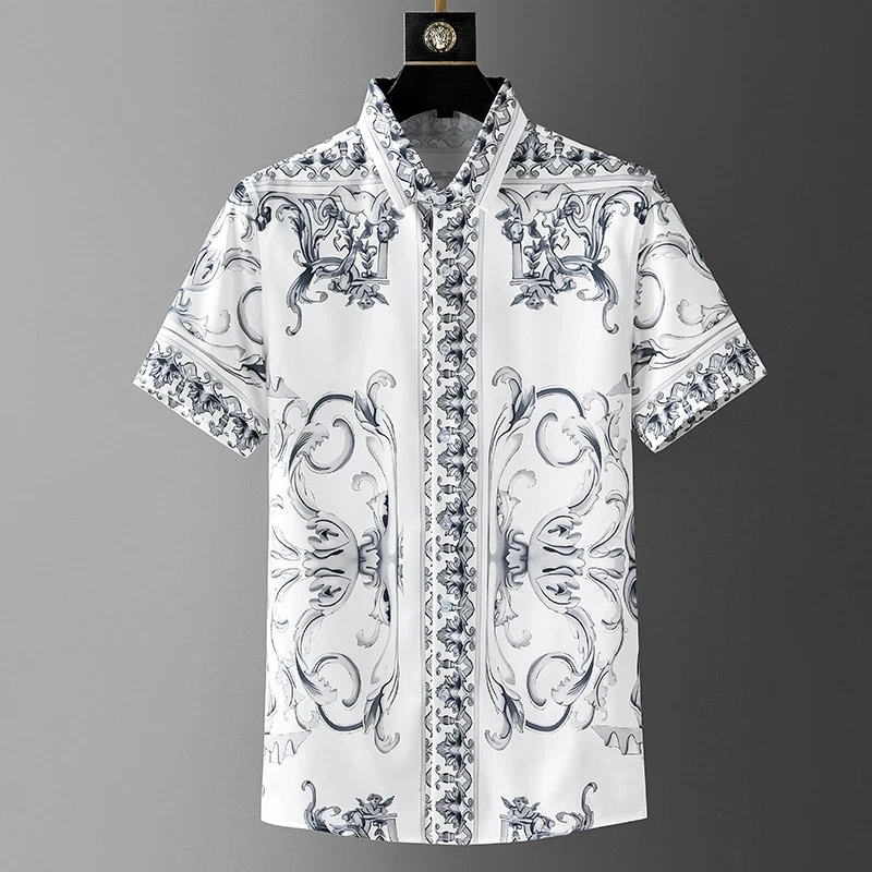 

High End Ethnic Style Personalized Printed Shirt Men's Short Sleeved 2023 Trend New Shirt Summer Silky And Breathable Casual Top