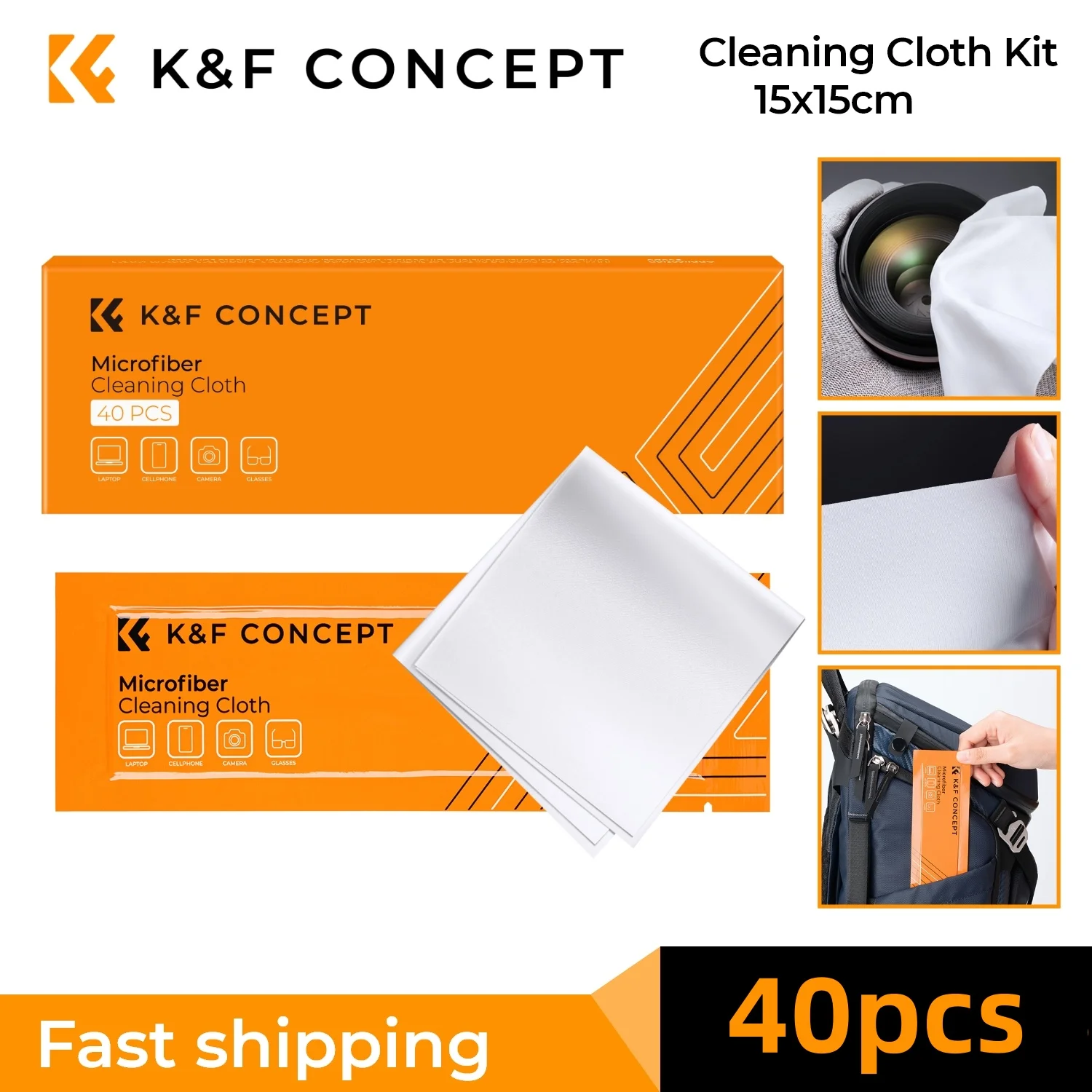 K&F CONCEPT 40pcs Individually Vacuum Wrapped Microfiber Cleaning Cloths for Camera Lenses Glasses Phones Screen Wipes 15x15cm