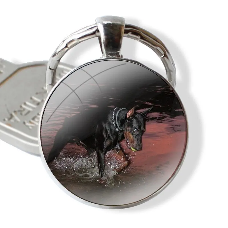 Keychain Handmade Glass Cabochon Key Ring Holder Pendant Key Chains black Dachshund Doberman Dog face