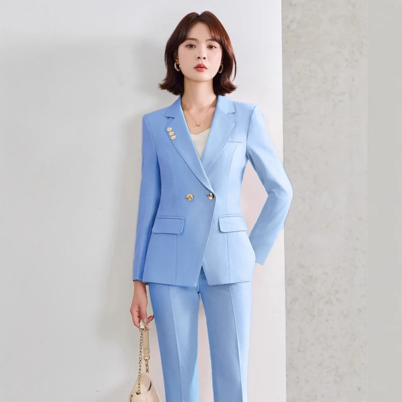 

Blue Slim Fit Slimming Commuter Elegant Suit Set for Women Long Sleeve Jacket Autumn Winter New Pants Two-Piece Set