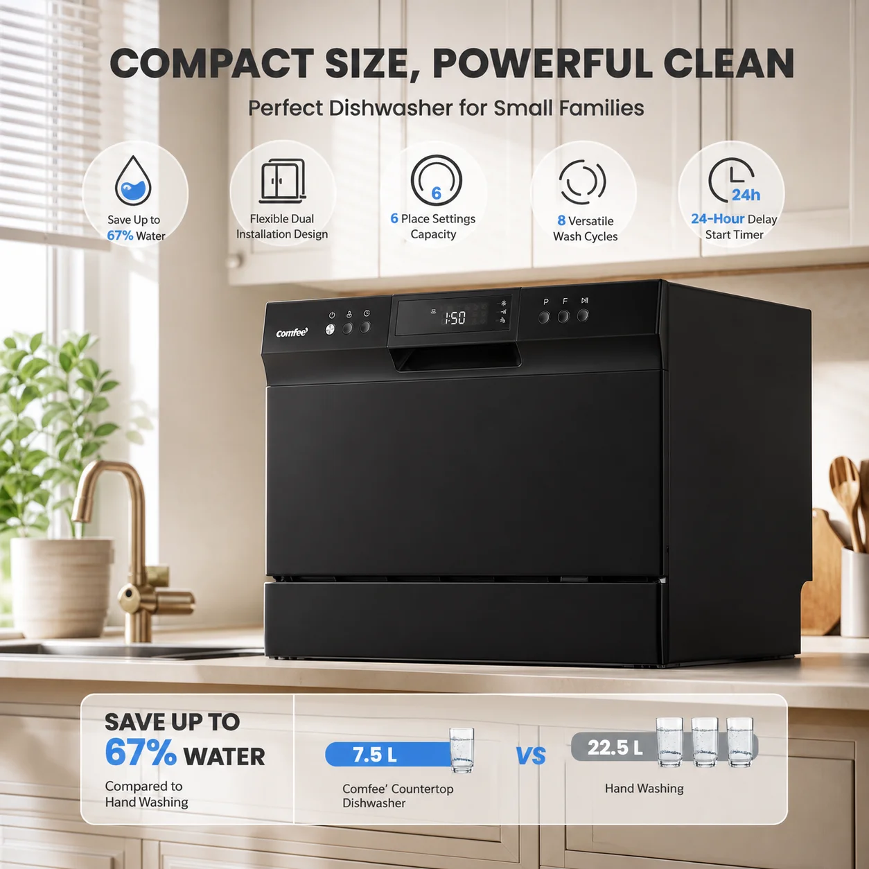 Midea&Comfee Automatic dishwasher, Large capacity dishwasher,6 Place Settings ，Can schedule appointments, multifunctional dishwasher, suitable for large and small kitchens, can be embedded dishwasher, suitable for homes and restaurants