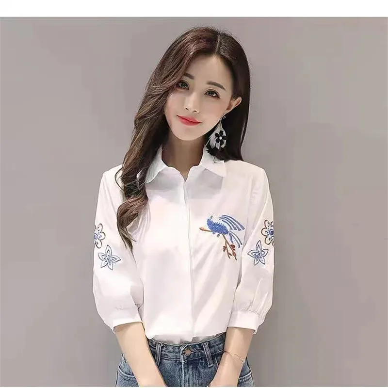 Three Quarter Blouse Women Spring Summer Korean Eembroidered Shirts Office Ladies Single Breasted Blouse White Blusa Femme Top