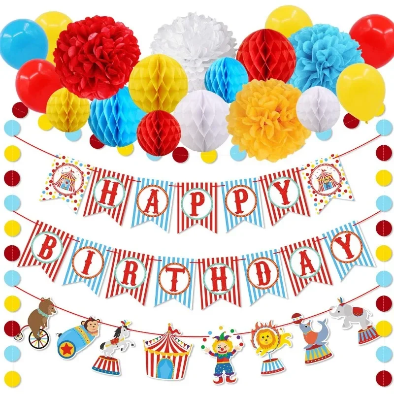 Red Blue Yellow Carnival Circus Birthday Party Decorations Happy Birthday Banner Balloons Flower Pom Poms Ball Circle Streamers