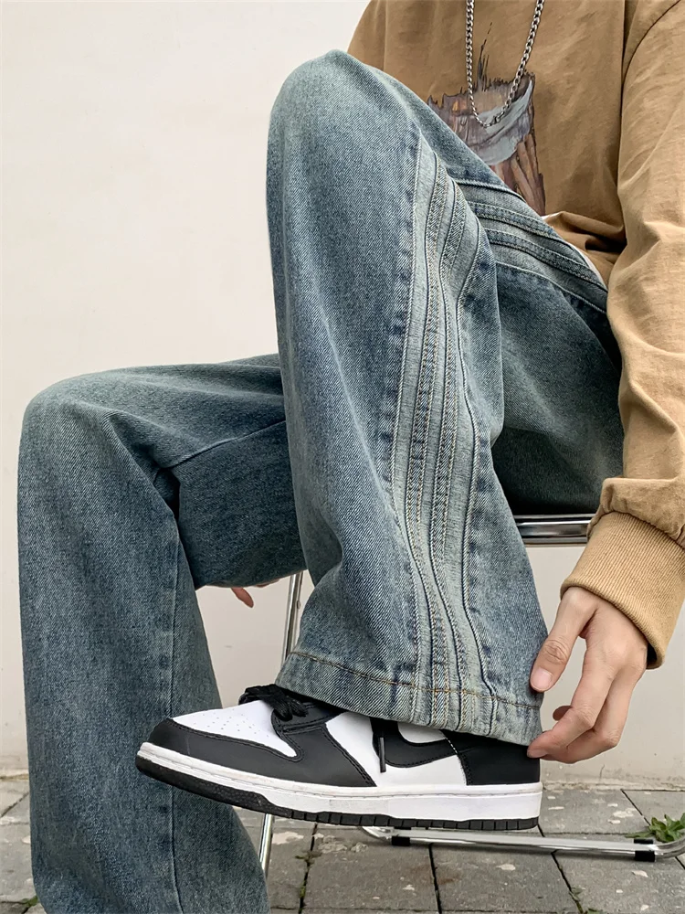 

Retro Waed Men's Jeans Straight Leg Loose Fit Casual Long Trousers American Sle High Street Vibe Autumn Winter Faion